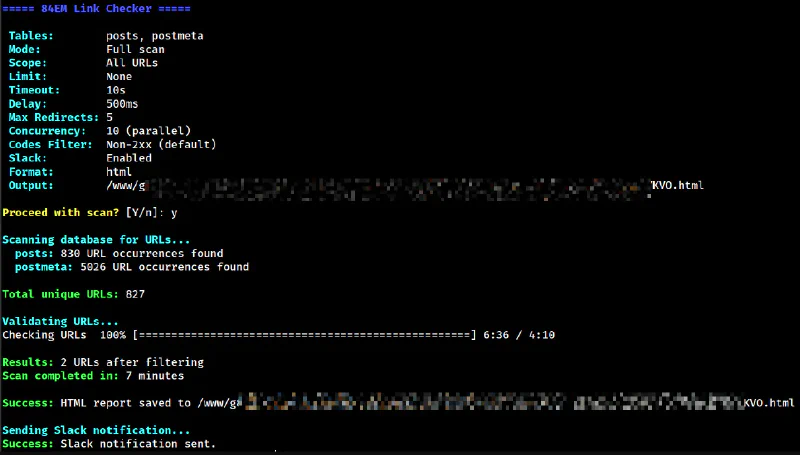 Completed scan showing 827 unique URLs checked in 7 minutes