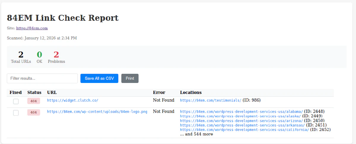 HTML report showing broken links with status codes, URLs, and locations