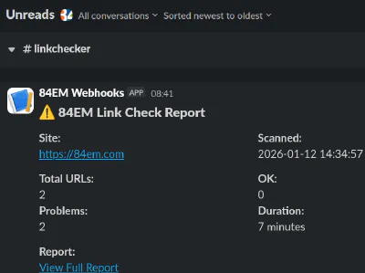 Slack notification showing scan results with link to full report